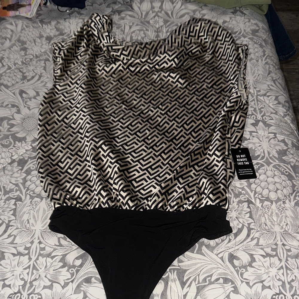 Express Black and Beige Geometric Bodysuit